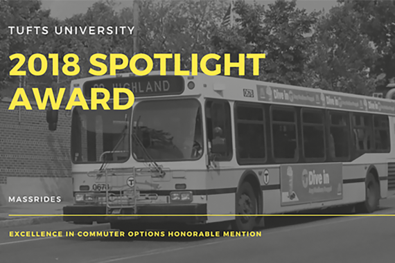 Black and white background with MBTA bus on the road, with text "Tufts university 2018 Spotlight Award, Mass Rides, Excellence in Sustainable Commuting"