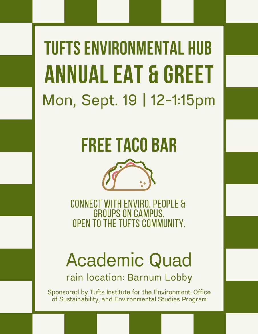 Green flier advertising the Tufts Environmental Hub Annual Eat and Greet. It features a checkered pattern on the sides and a taco graphic in the middle. It includes the details: Monday, September 19. 12-1:15pm. Free taco bar. Connect with environmental people and groups on campus. Open to the Tufts community. Academic Quad. Rain location: Barnum lobby. Sponsored by Tufts Institute of the Environment, Office of Sustainability, and Environmental Studies Program.