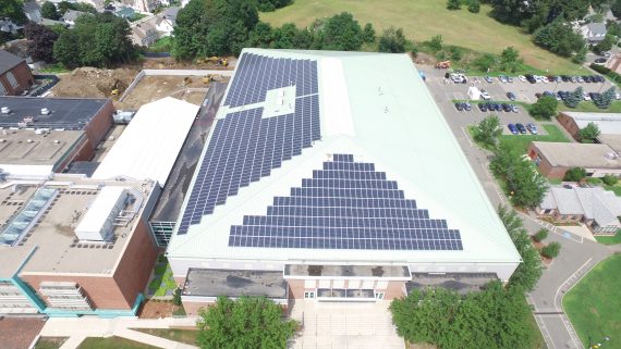 Roof of Tufts Gantcher Center covered with solar panels