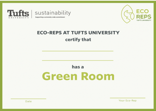 image of certificate for green dorm certification, awarded by the Tufts Eco-Reps