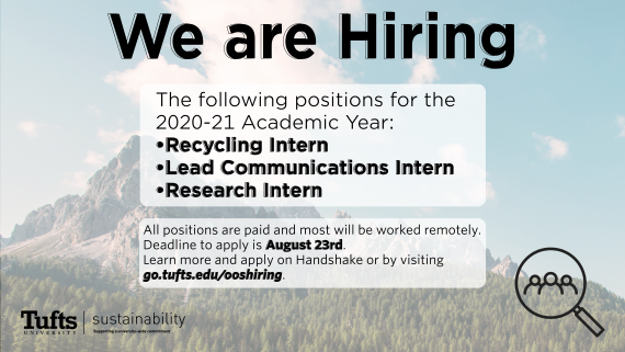 We are hiring graphic for fall 2020, image of the mountain and forest in the background and hiring information in the foreground