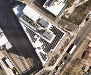 Aerial view of Joyce Cummings Center rooftop solar