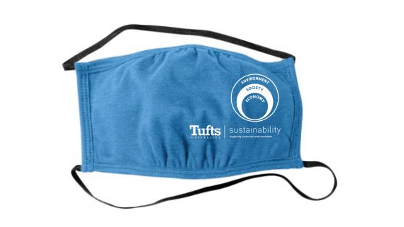 Image of a blue reusable face mask with the Tufts Sustainability logo printed on the right side