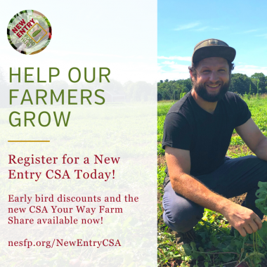 Advertisement on the left for New Entry's CSA program, on right there is a photograph of a farmer squatting in a growing field