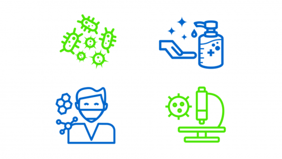 Blue and green line drawings from (top left to bottom right): green bacteria, blue hand sanitizer, blue person wearing a mask, green microscope