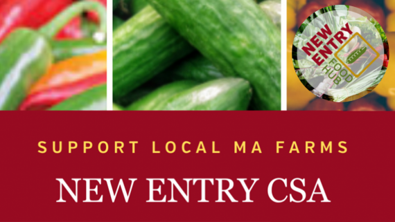 New Entry CSA: Images of various vegetables in a tryptic promoting New Entry local farming