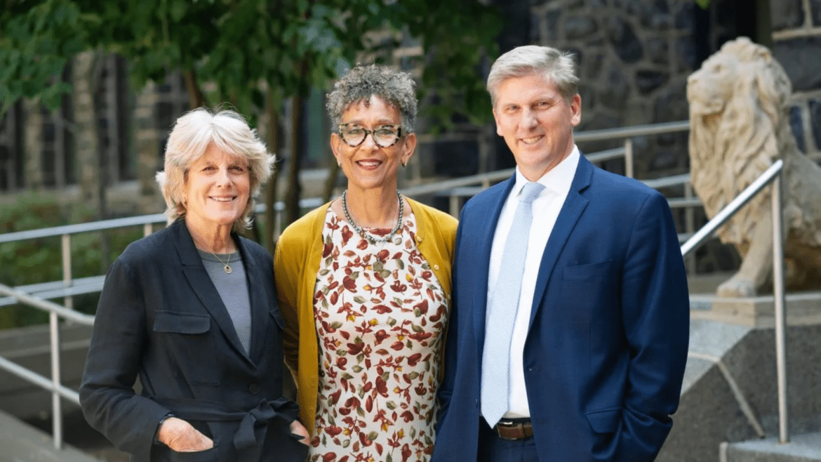 From left, Barbara Kates-Garnick, F84, professor of the practice at the Fletcher School, Dayna Cunningham, Omidyar Dean of the Jonathan M. Tisch College of Civic Life, and Eric Hines, director of the graduate programs and the Tsutsumi Faculty Fellow in Civil and Environmental Engineering.