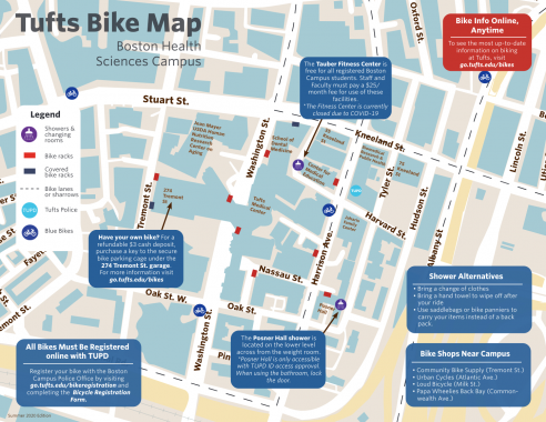 Bike map of Boston Health Sciences Campus overlaid with text tips and resources