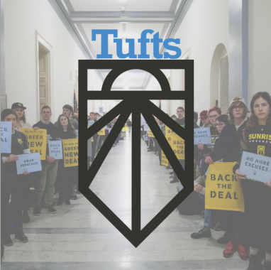 Sunrise Tufts logo overlaid onto an image of student protestors