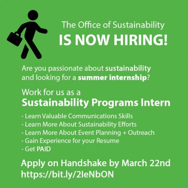 advertisement with green background and stick figure with brief case walking for summer 2020 sustainability programs intern