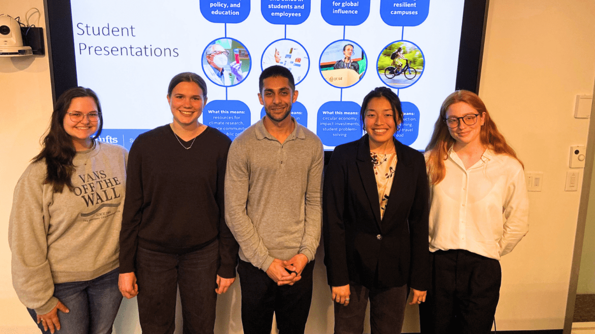 Five students stand in from of a presentation given to Tufts Sustainability Council