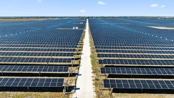 Birds eye view of a large solar array in Texas