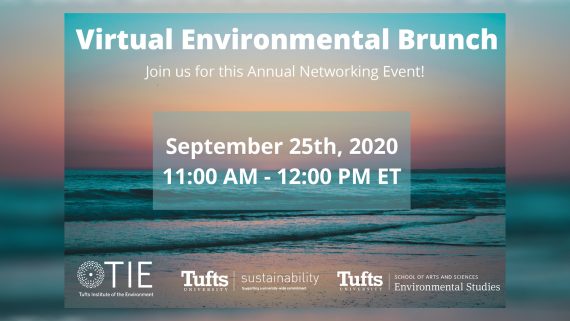 Poster for the Virtual Environmental Brunch on September 25th, the words are in front of an image of the sun setting on the ocean