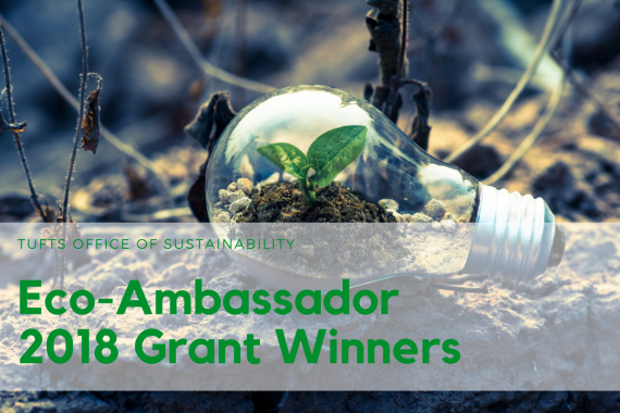 Background with a lightbulb with plants growing inside, with text "Tufts Office of Sustainability Eco-Ambassador 2018 Grant Winners"