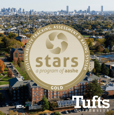 STARS gold seal graphic over an aerial photo of Tufts campus.